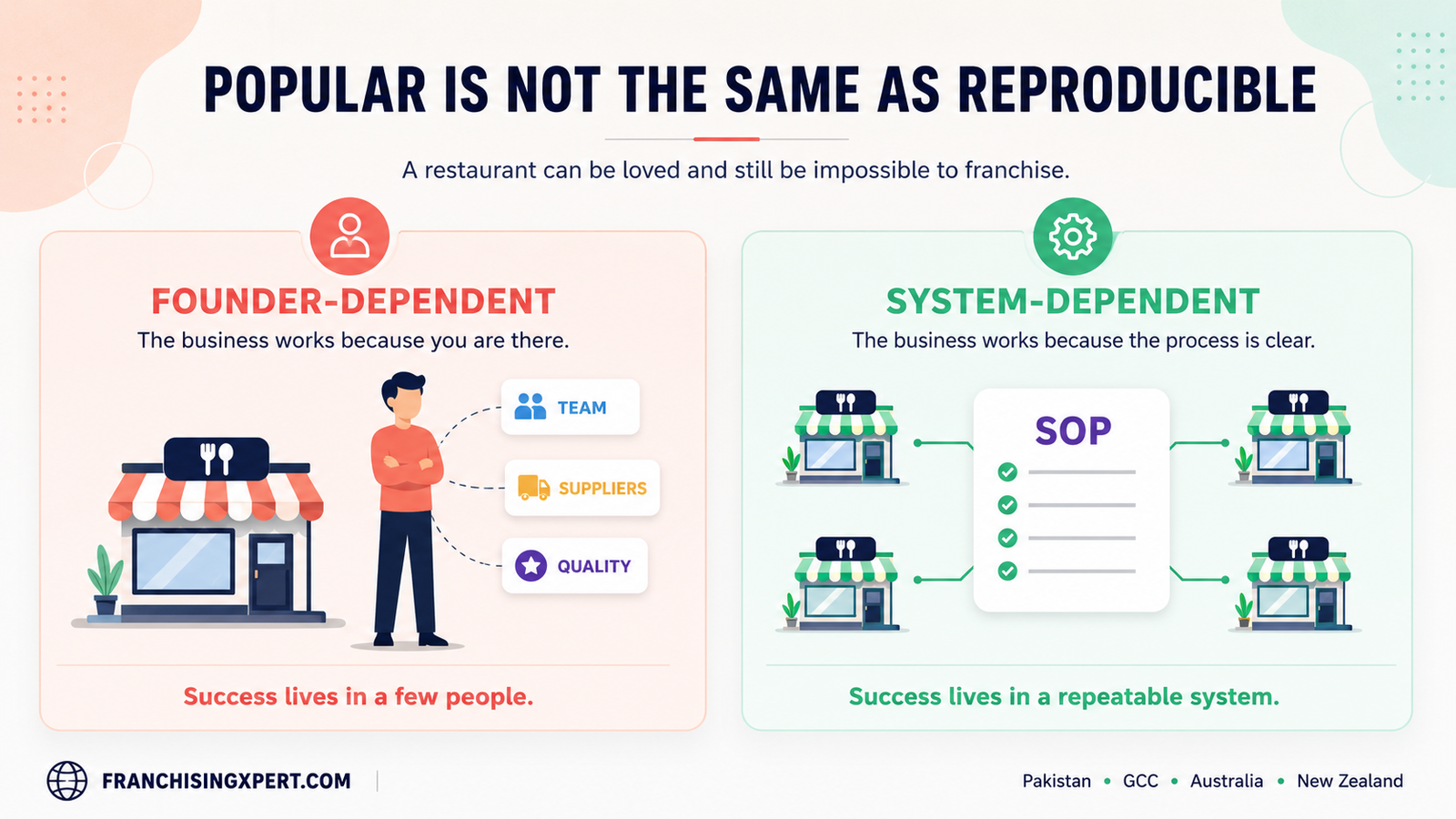 Comparison between a founder-dependent restaurant and a system-dependent franchise-ready restaurant